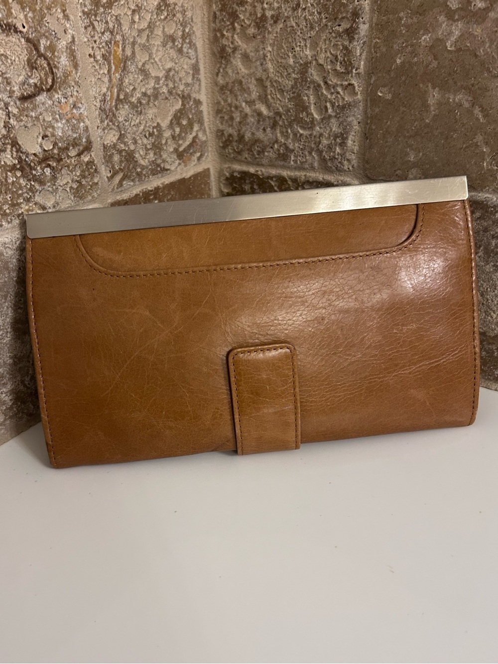 HOBO Cognac Leather Frame Clutch